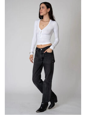 Women's Stillwater White Rib Crop Henley Long Sleeve Tee S